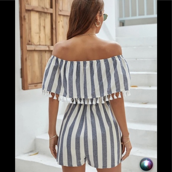 BLUE/CREAM STRIPED FRINGE TRIM BARDOT ROMPER - Picture 2 of 8